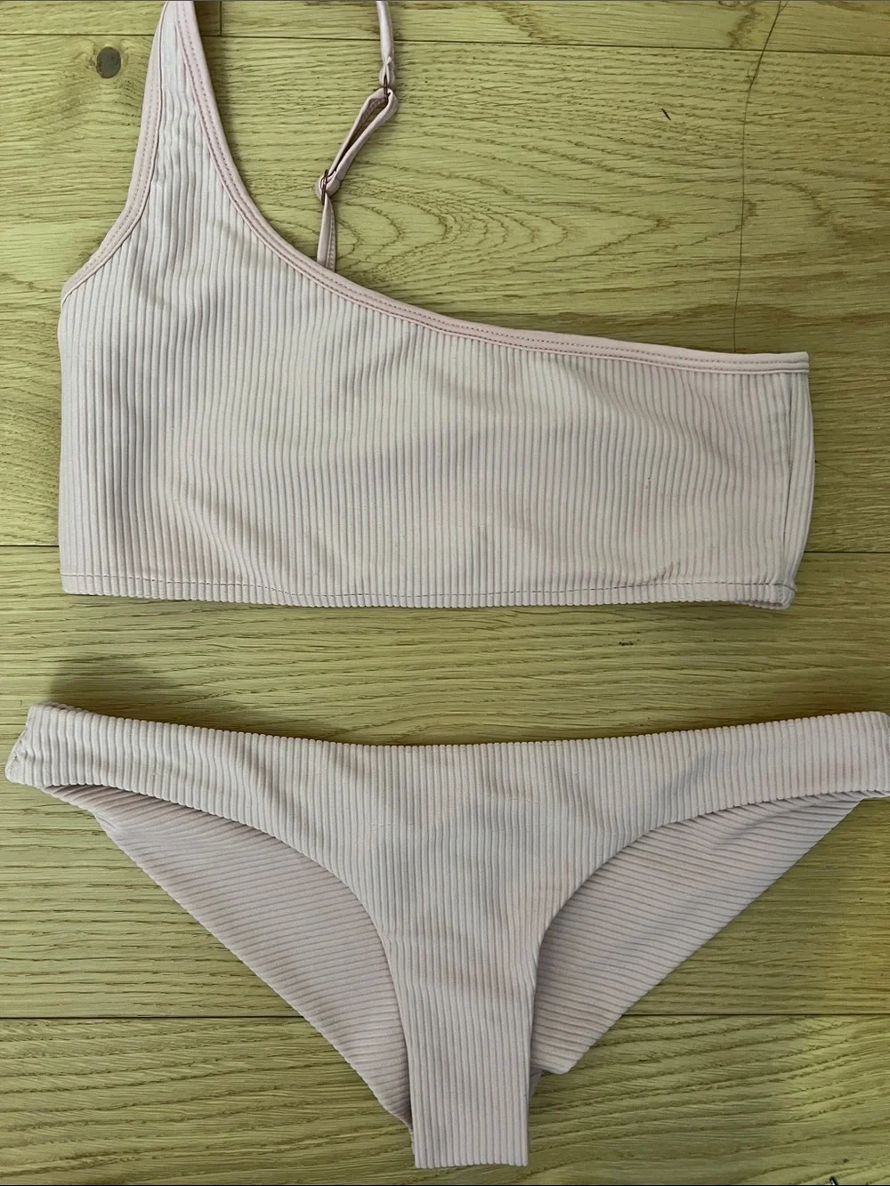 NEW! Frankie's Bikinis Pale Pink Ribbed One-Shoulder tiny Bikini S
